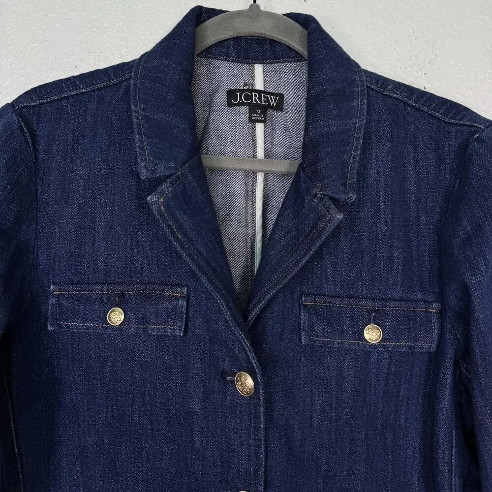 J Crew Denim Blazer Jacket Womens 12 Jean Short Gold Button Utility Preppy Chic - Picture 2 of 10